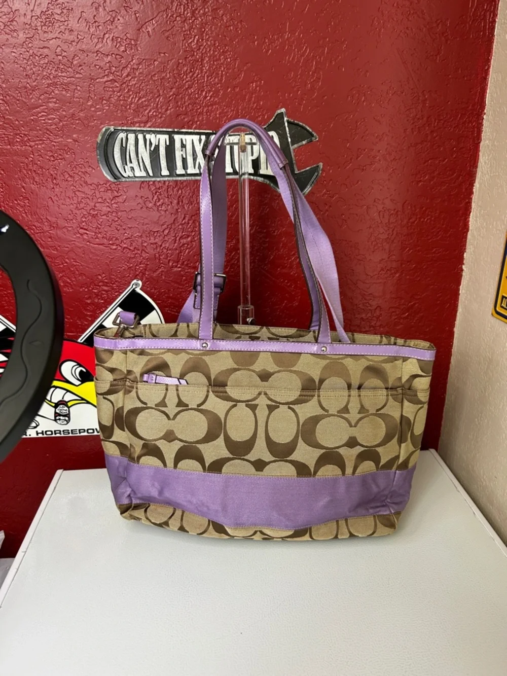 Coach Khaki Signature Tote diaper bag with Lavender Trim - Picture 5 of 16